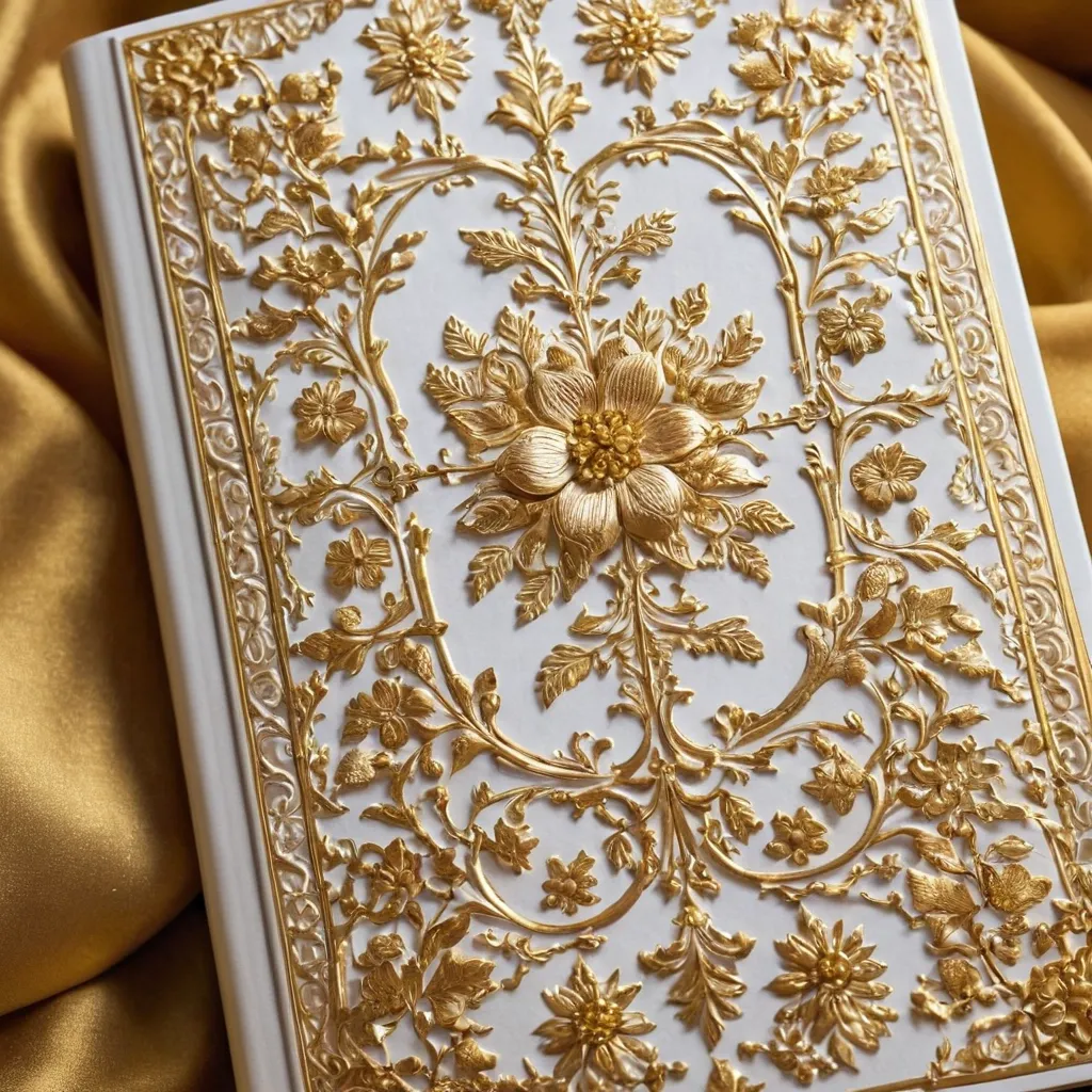 detailed photo of white book with golden floral pattern