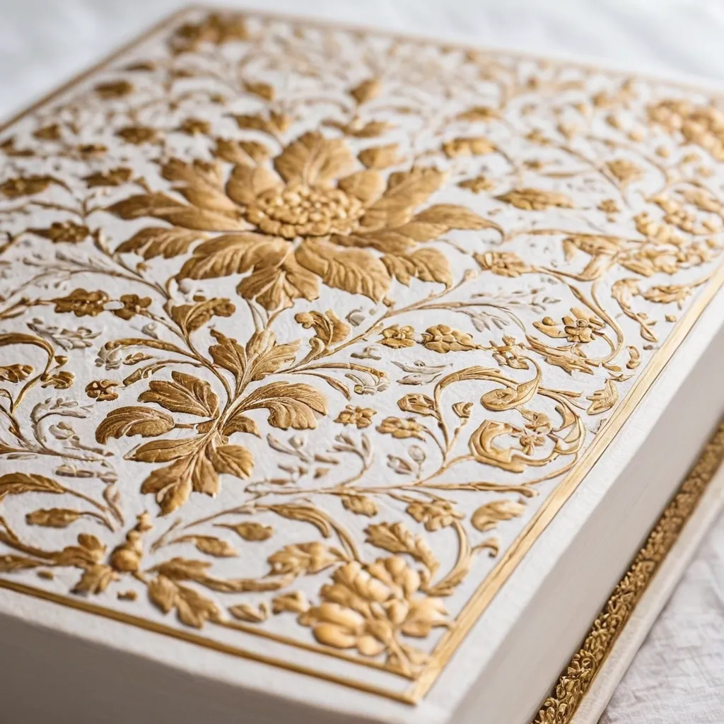 detailed photo of white book with golden floral pattern