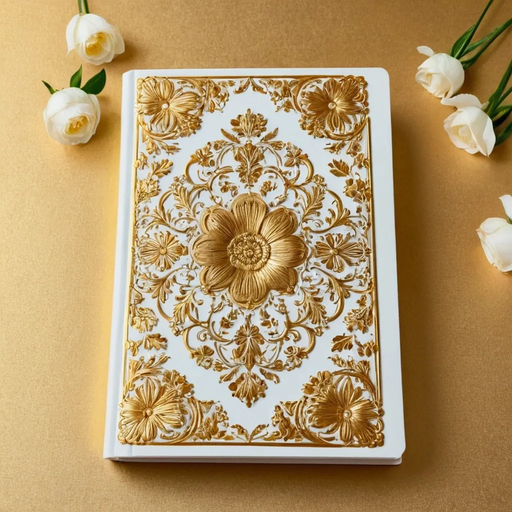 detailed photo of white book with golden floral pattern