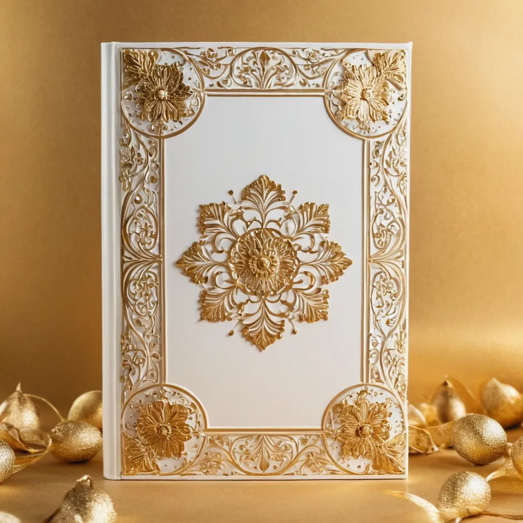 detailed photo of white book with golden floral pattern