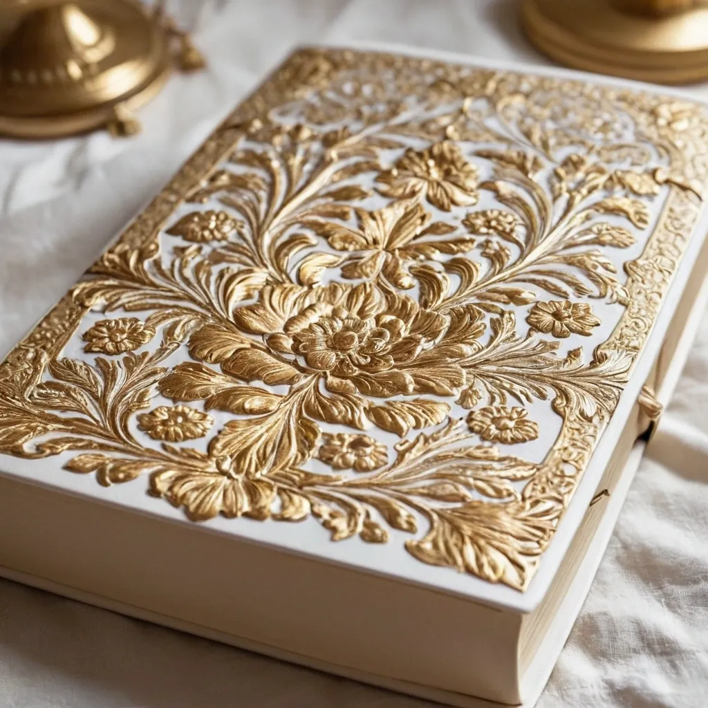 detailed photo of white book with golden floral pattern