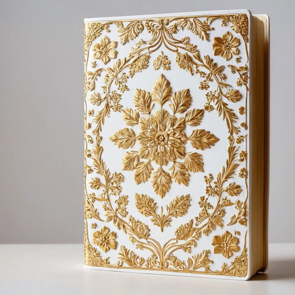 detailed photo of white book with golden floral pattern