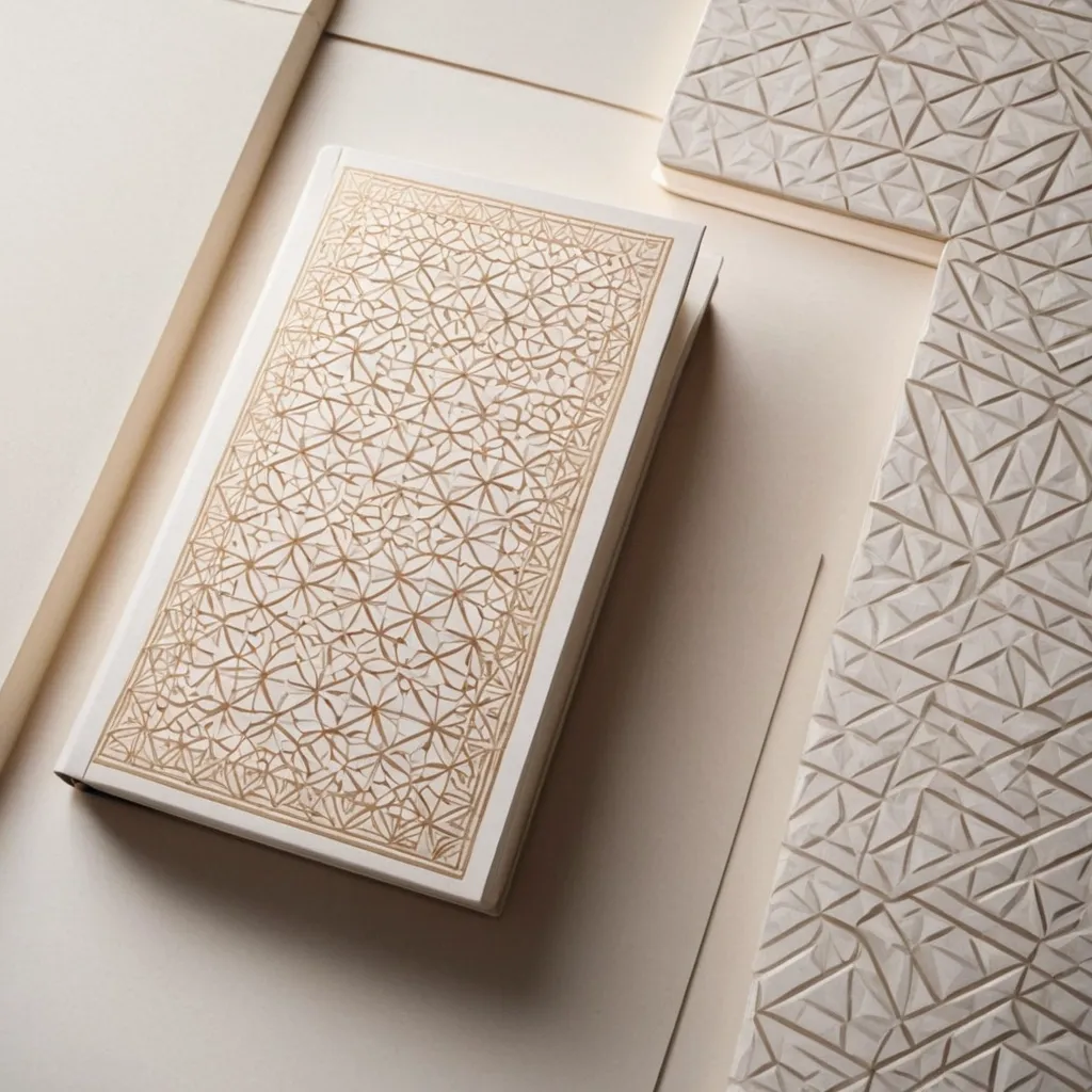 detailed photo of white book with golden geometrical pattern