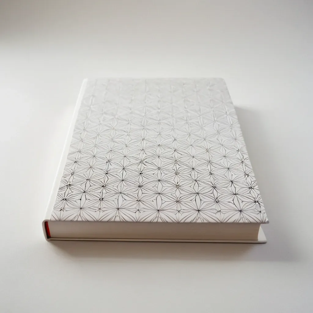 detailed photo of white book with golden geometrical pattern