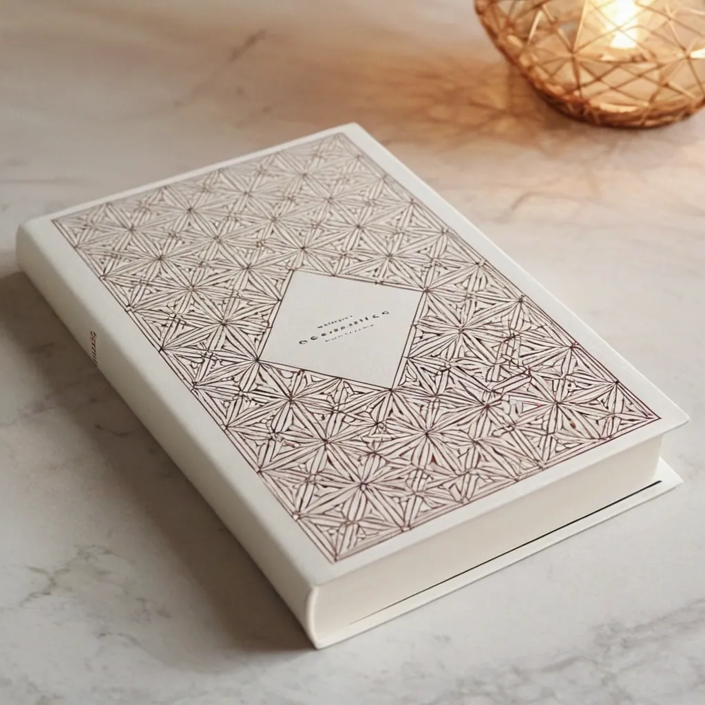 detailed photo of white book with golden geometrical pattern