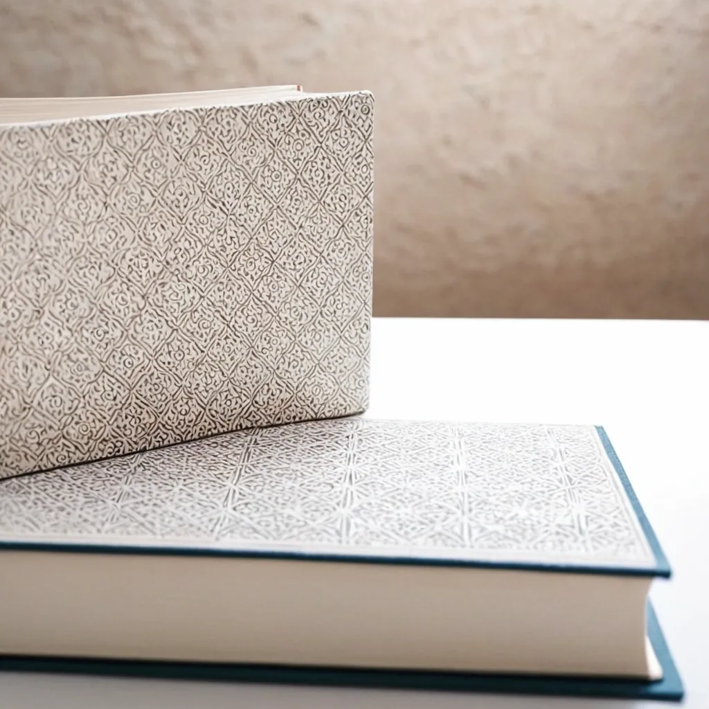 detailed photo of white book with golden geometrical pattern