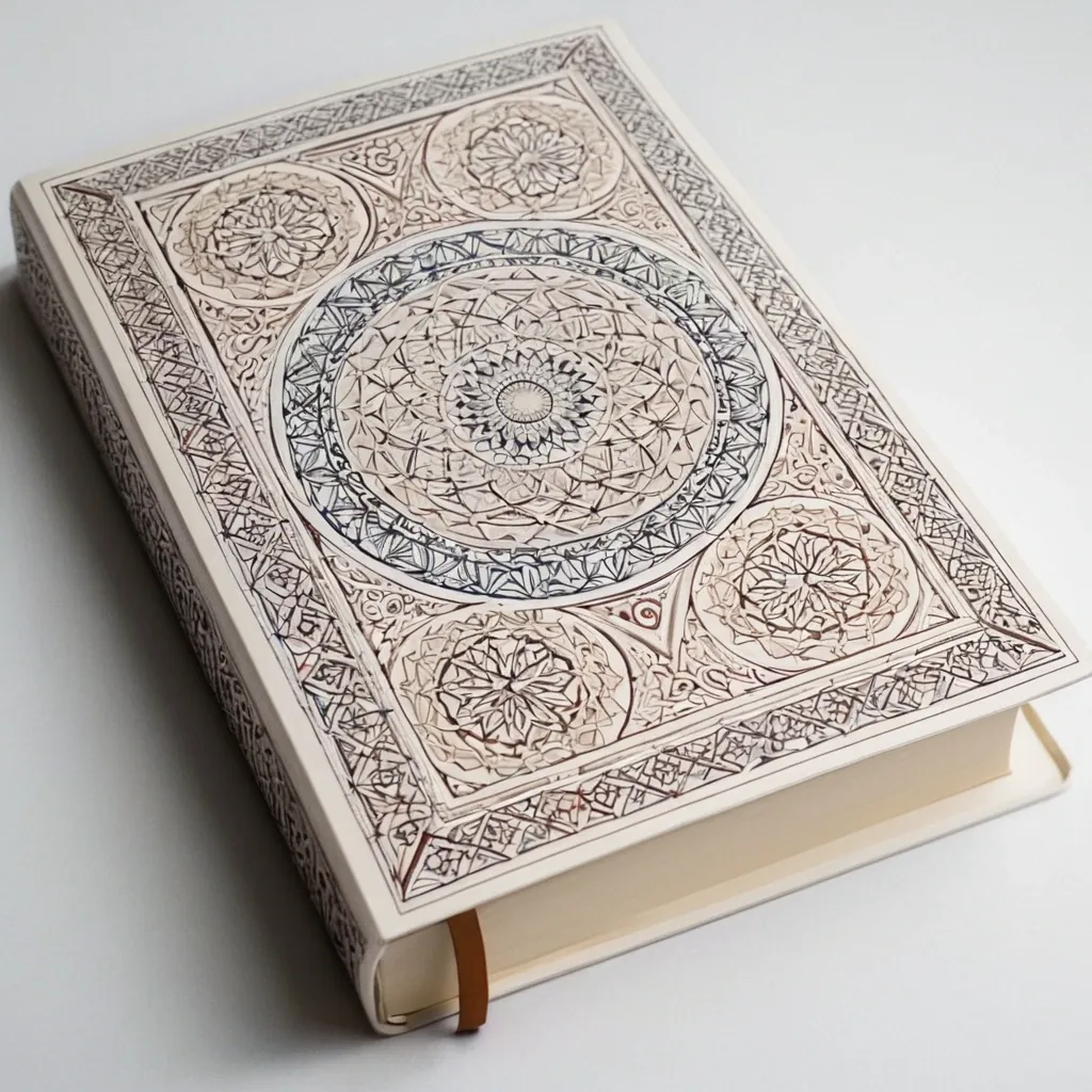 detailed photo of white book with golden geometrical pattern