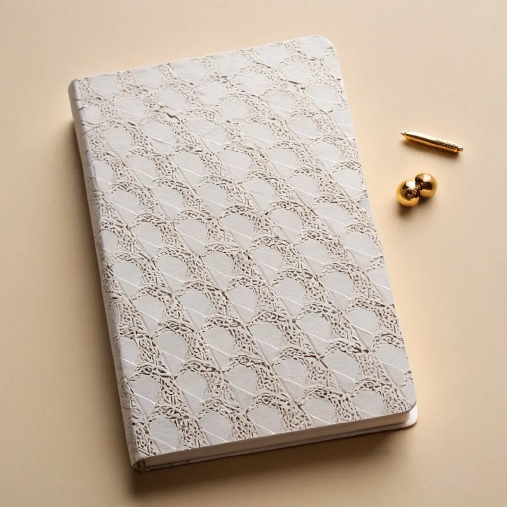 detailed photo of white book with golden geometrical pattern