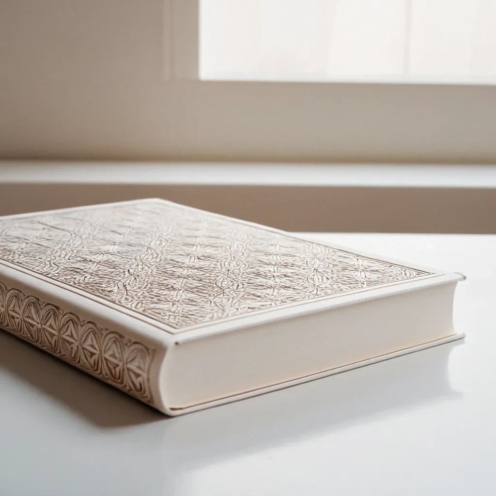 detailed photo of white book with golden geometrical pattern