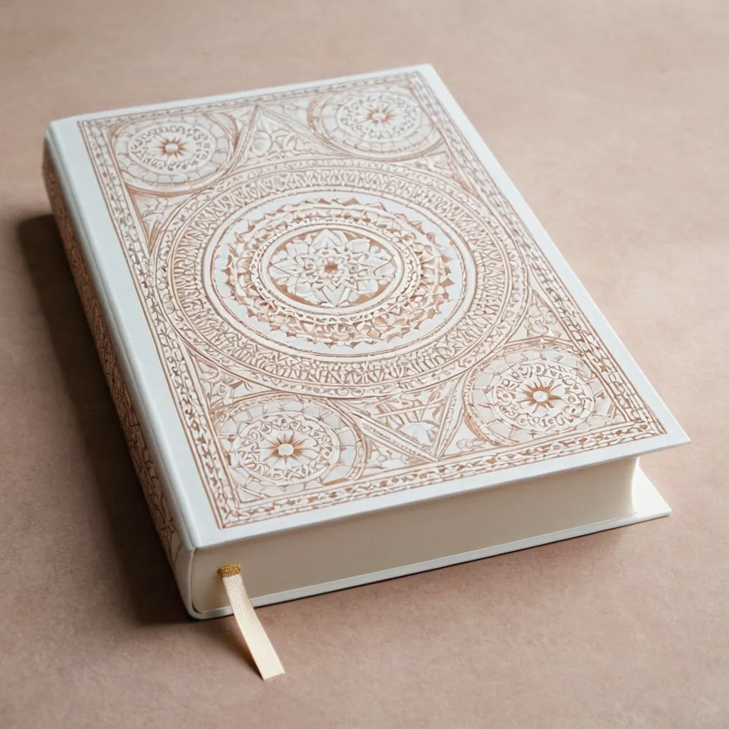 detailed photo of white book with golden geometrical pattern