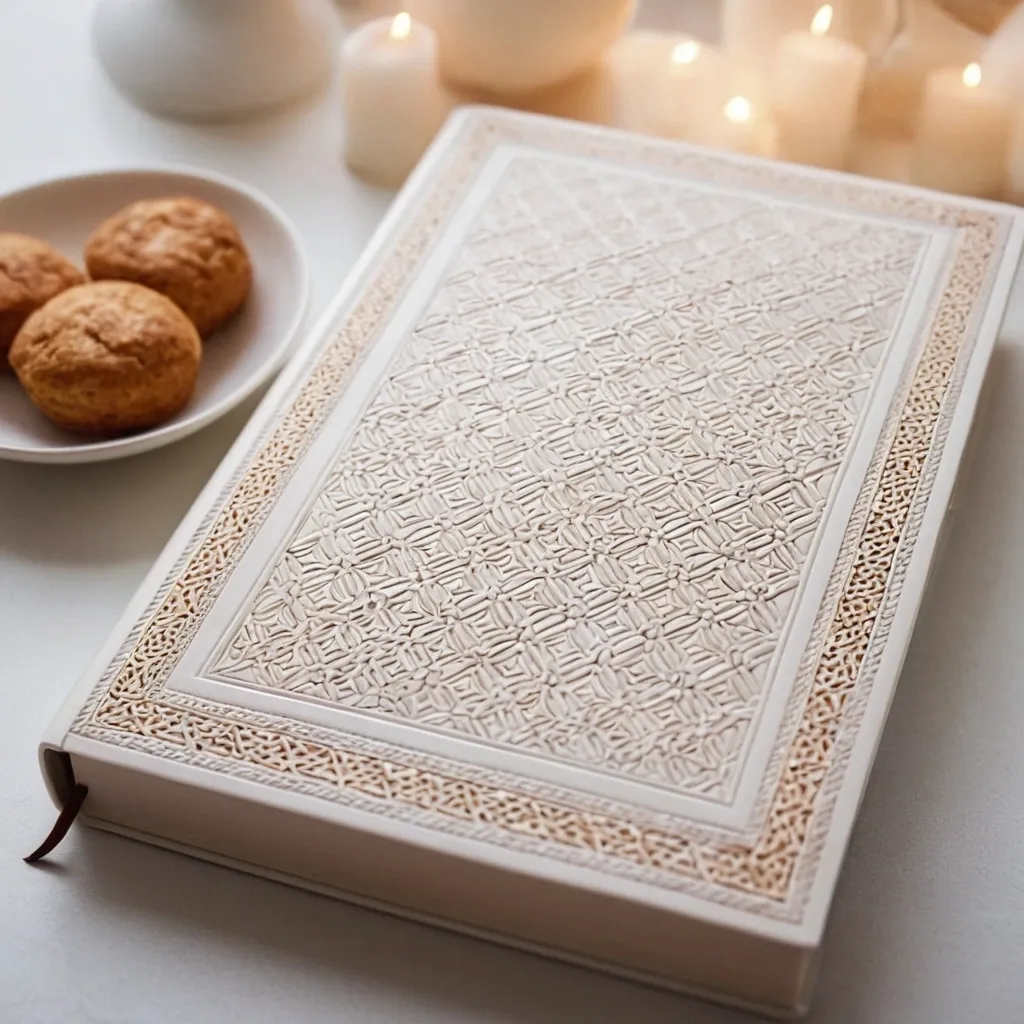 detailed photo of white book with golden geometrical pattern