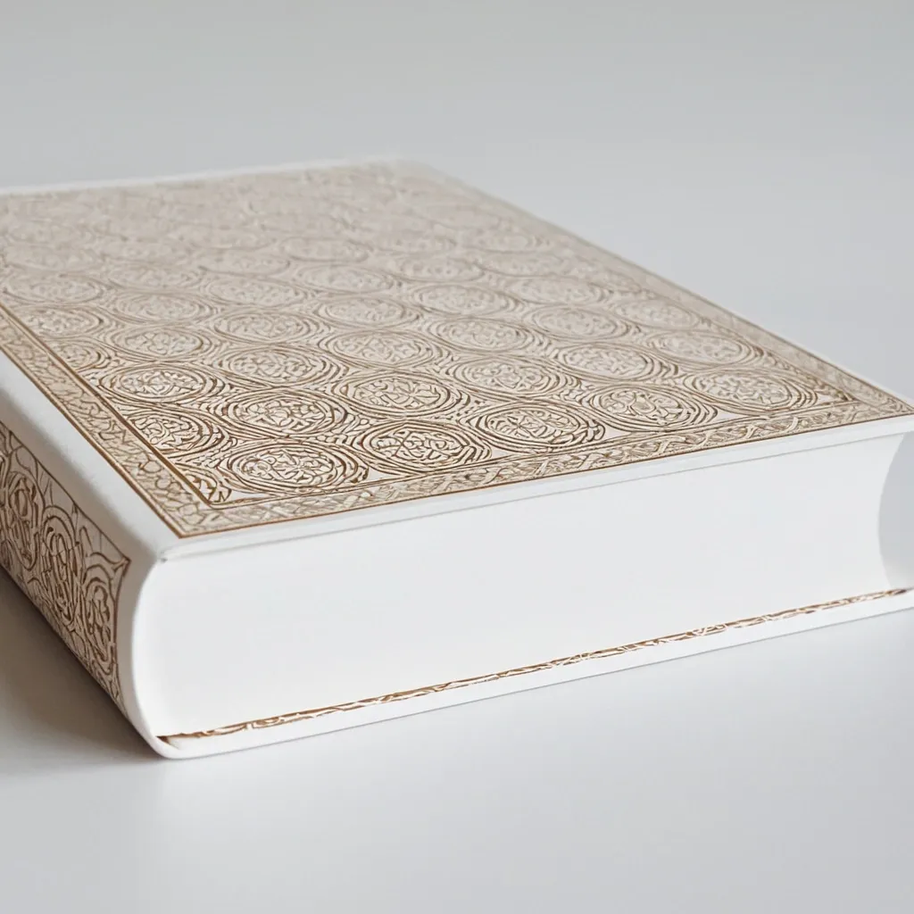 detailed photo of white book with golden geometrical pattern
