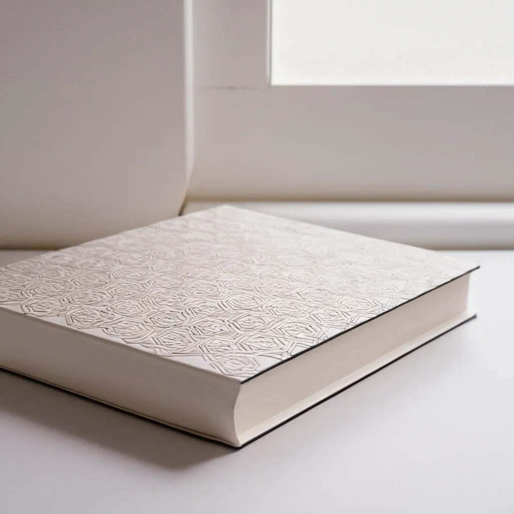 detailed photo of white book with golden geometrical pattern