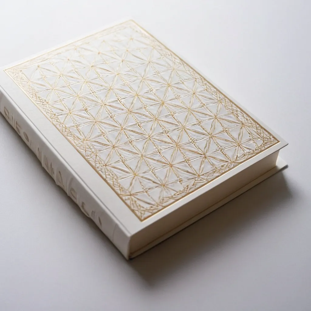 detailed photo of white book with golden geometrical pattern