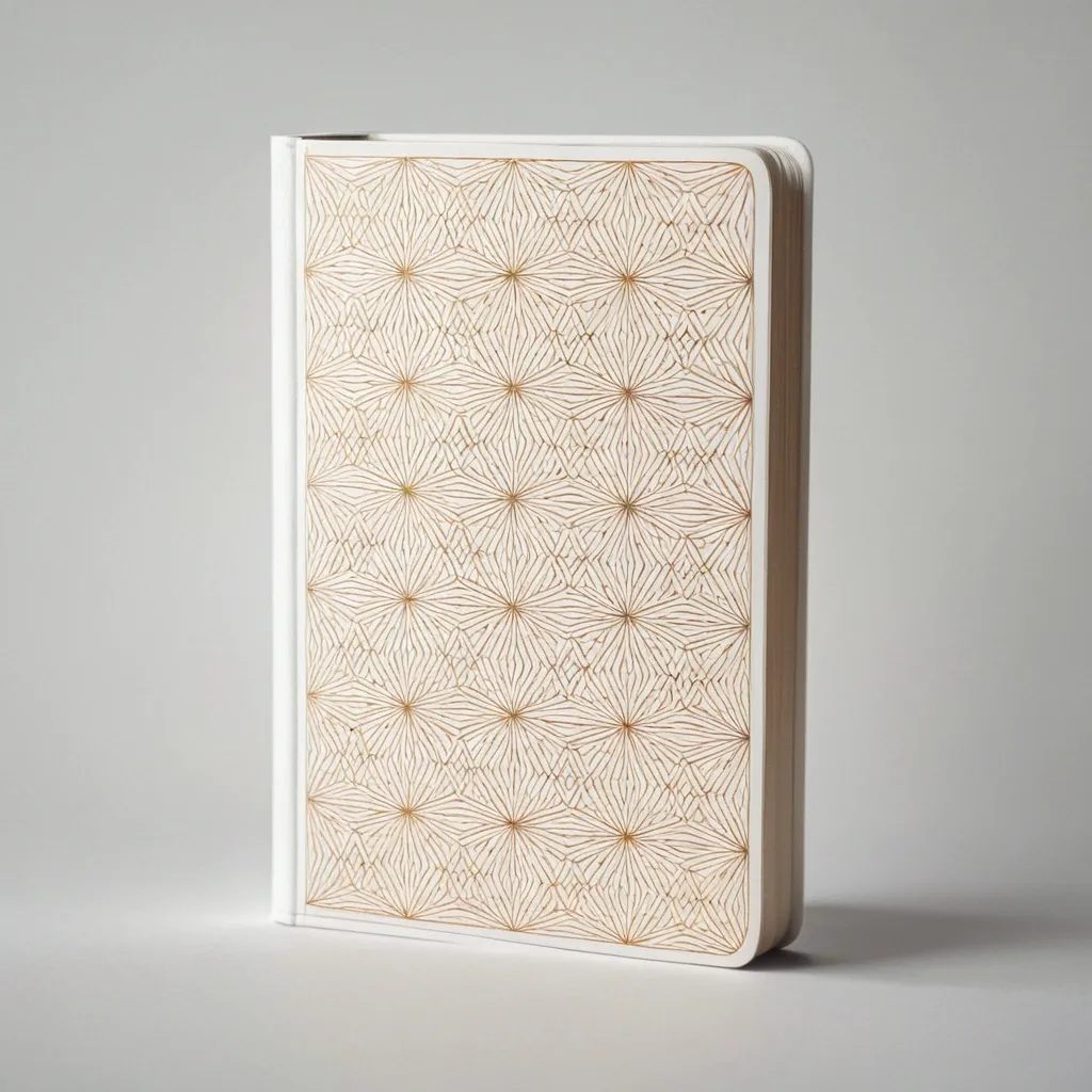 detailed photo of white book with golden geometrical pattern