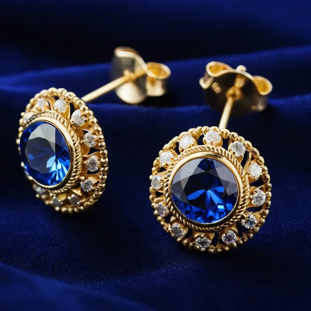 detailed photo of golden earrings with blue gem