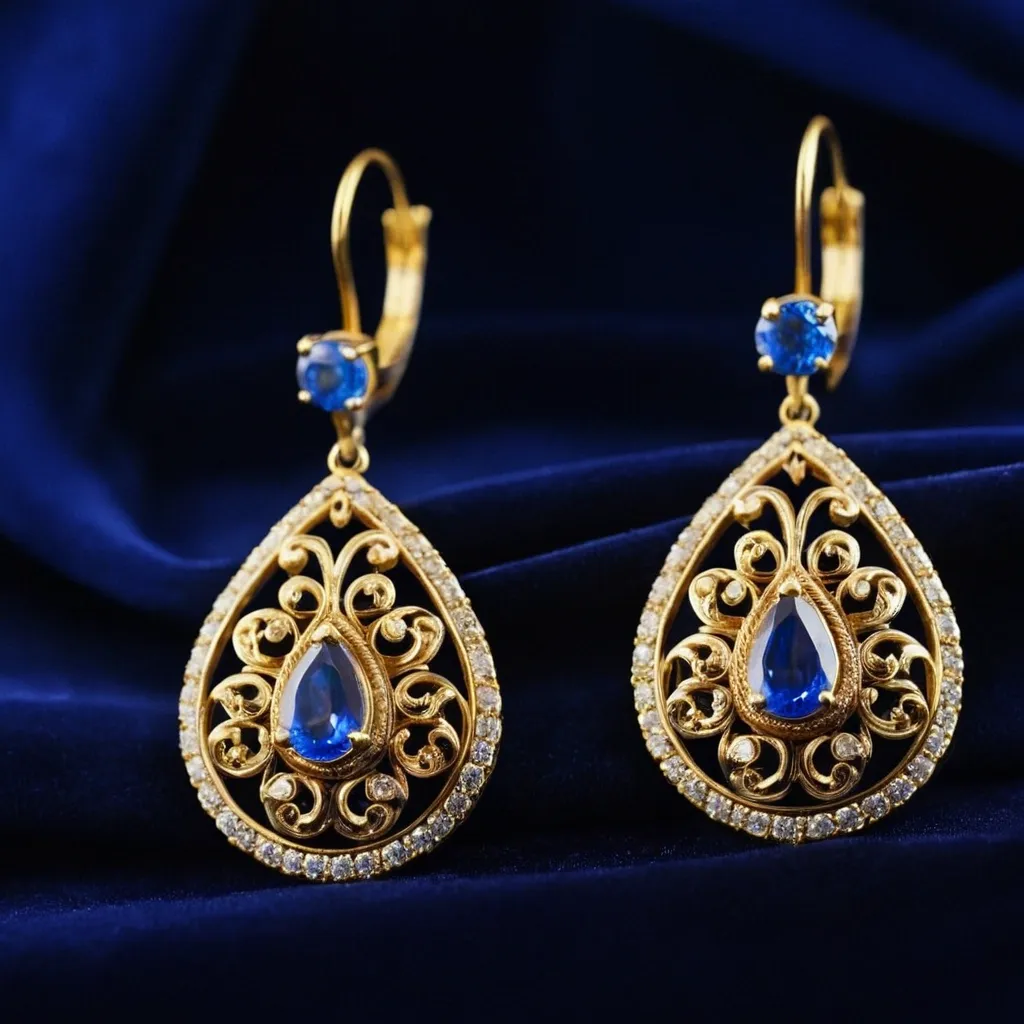 detailed photo of golden earrings with blue gem