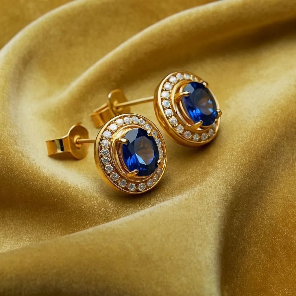 detailed photo of golden earrings with blue gem