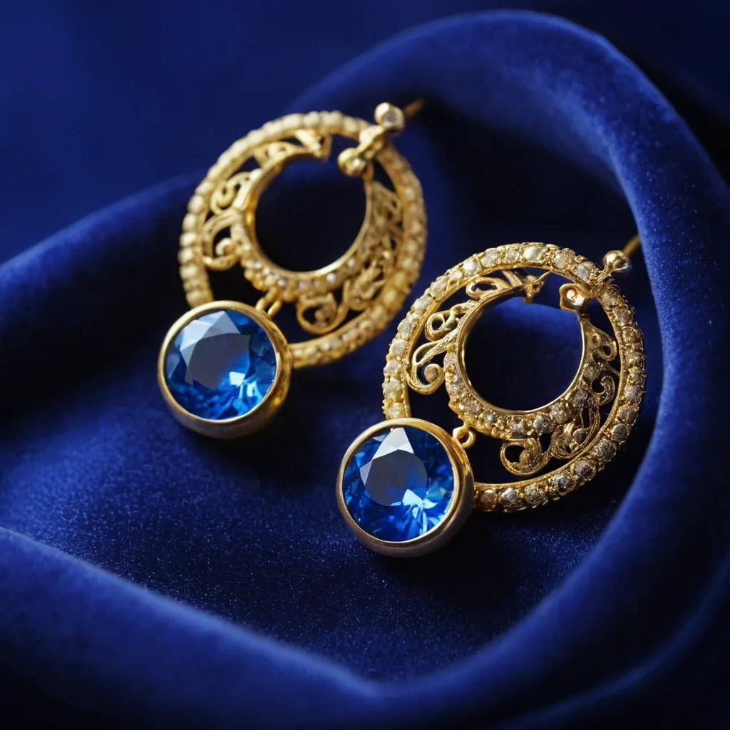 detailed photo of golden earrings with blue gem