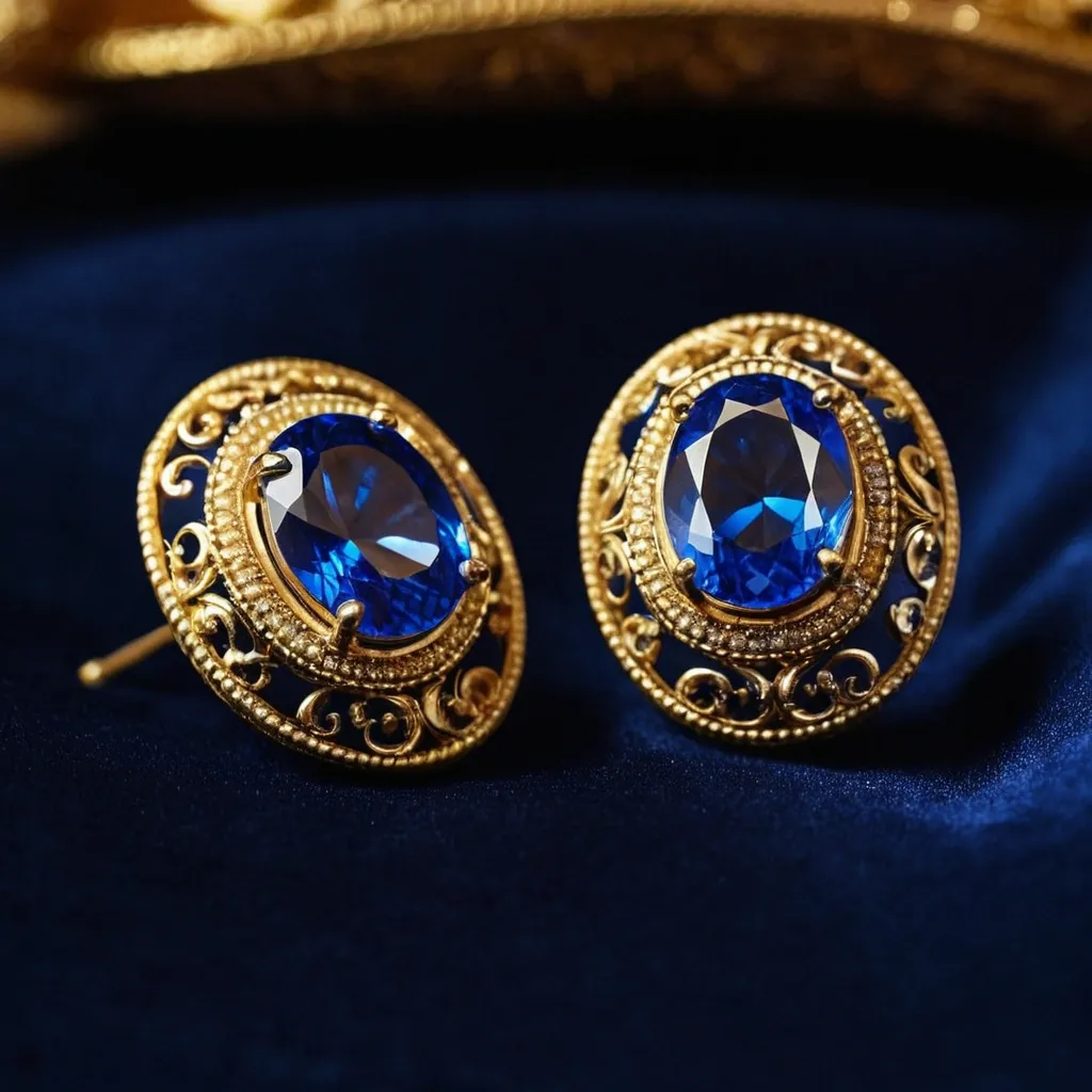 detailed photo of golden earrings with blue gem