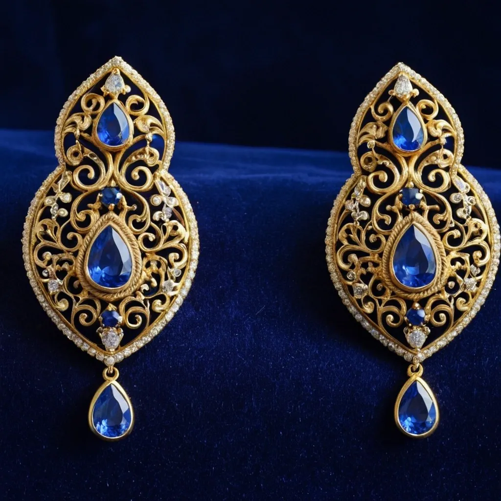 detailed photo of golden earrings with blue gem