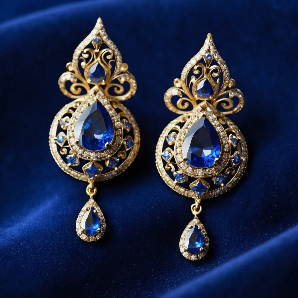 detailed photo of golden earrings with blue gem