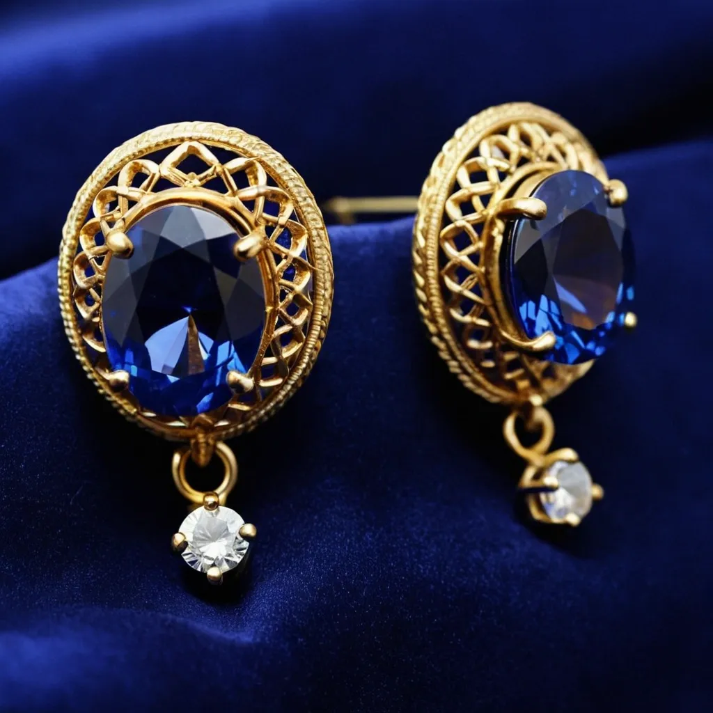 detailed photo of golden earrings with blue gem