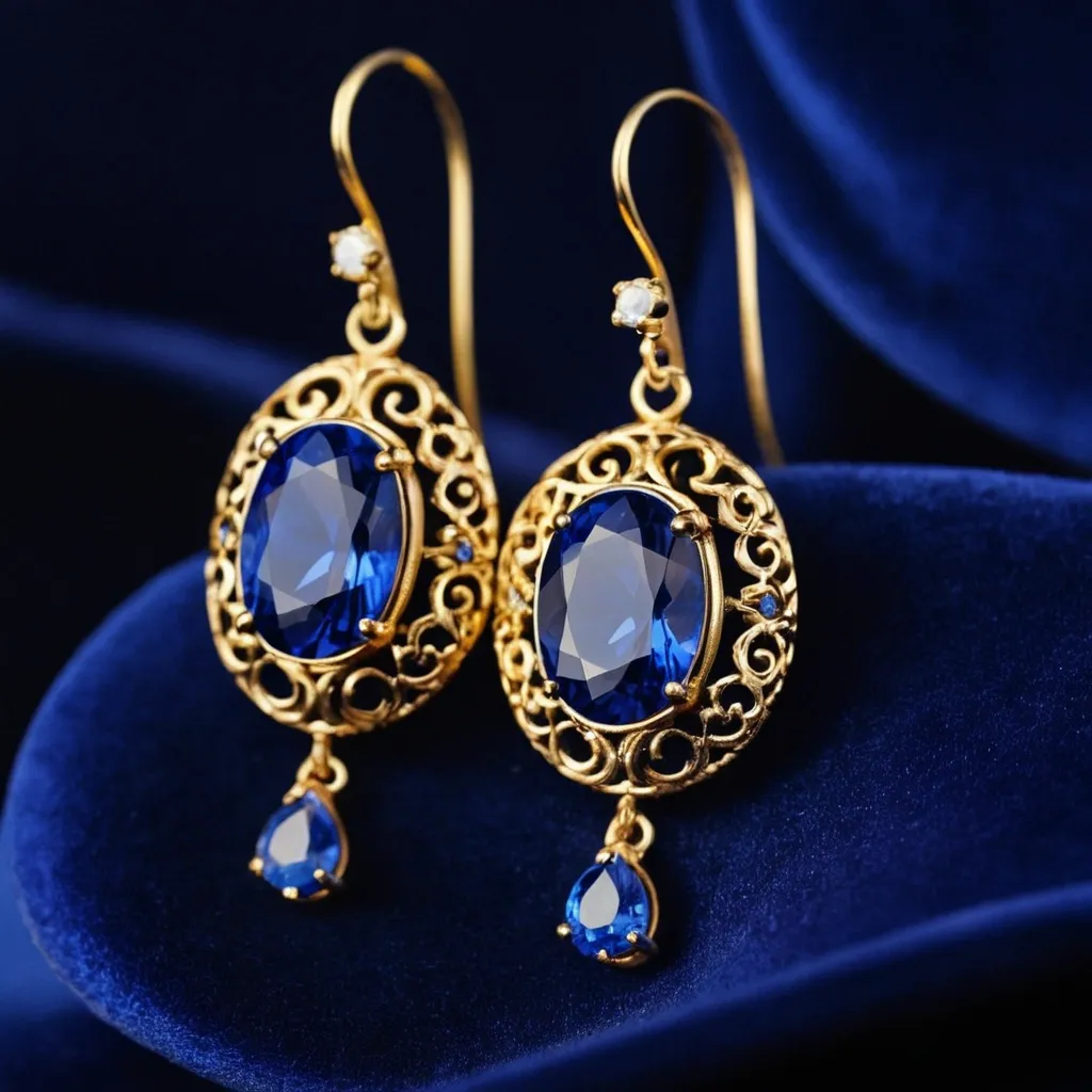 detailed photo of golden earrings with blue gem