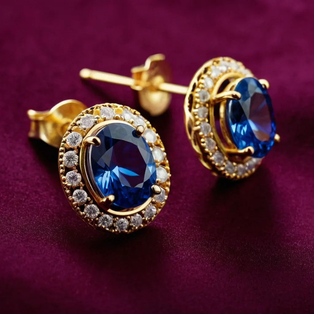 detailed photo of golden earrings with blue gem