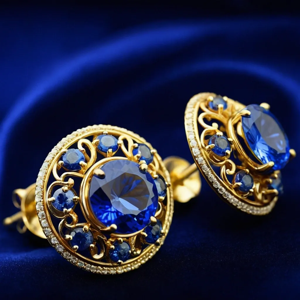 detailed photo of golden earrings with blue gem