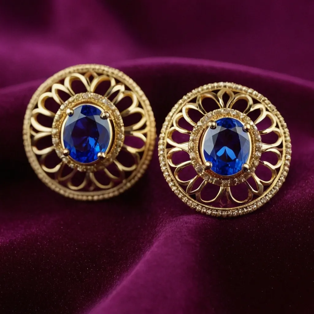 detailed photo of golden earrings with blue gem