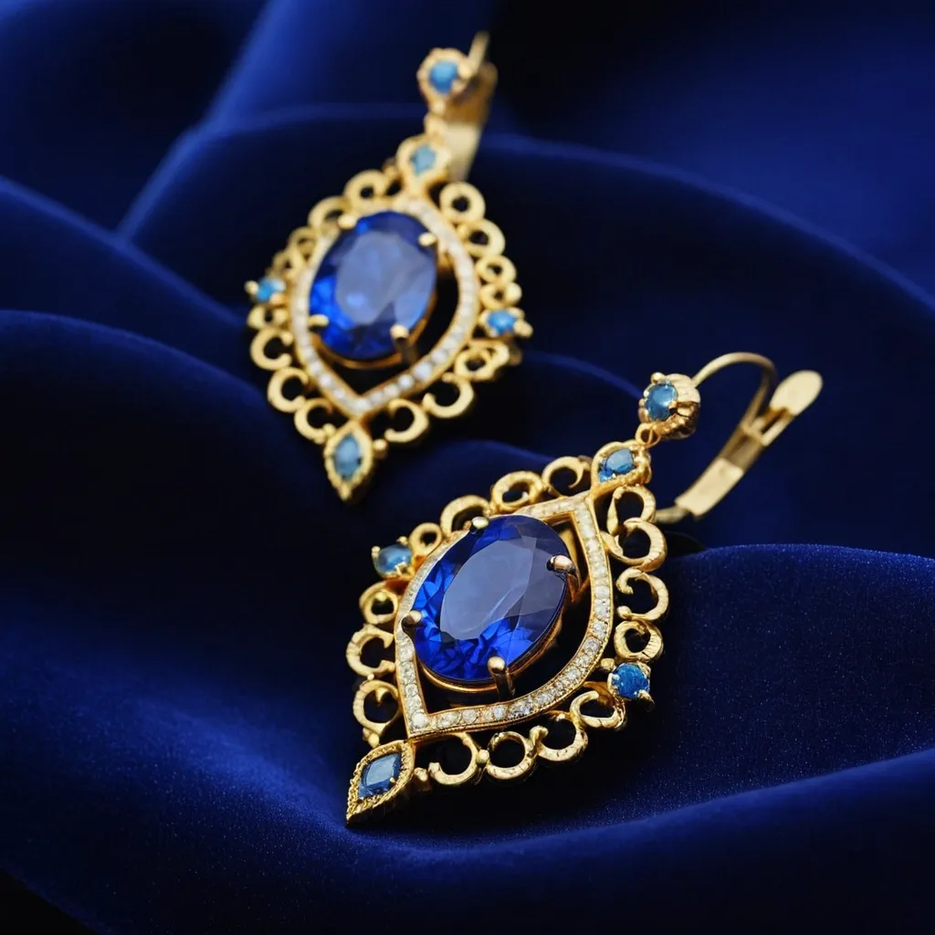 detailed photo of golden earrings with blue gem