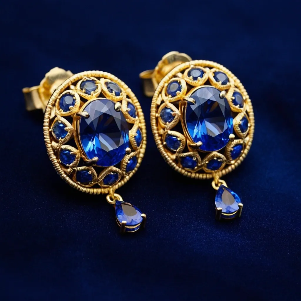 detailed photo of golden earrings with blue gem