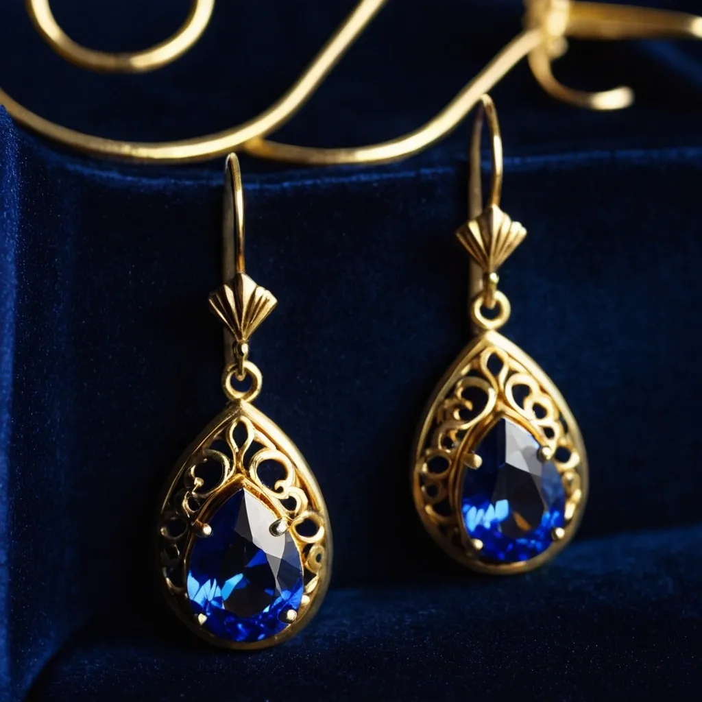 detailed photo of golden earrings with blue gem