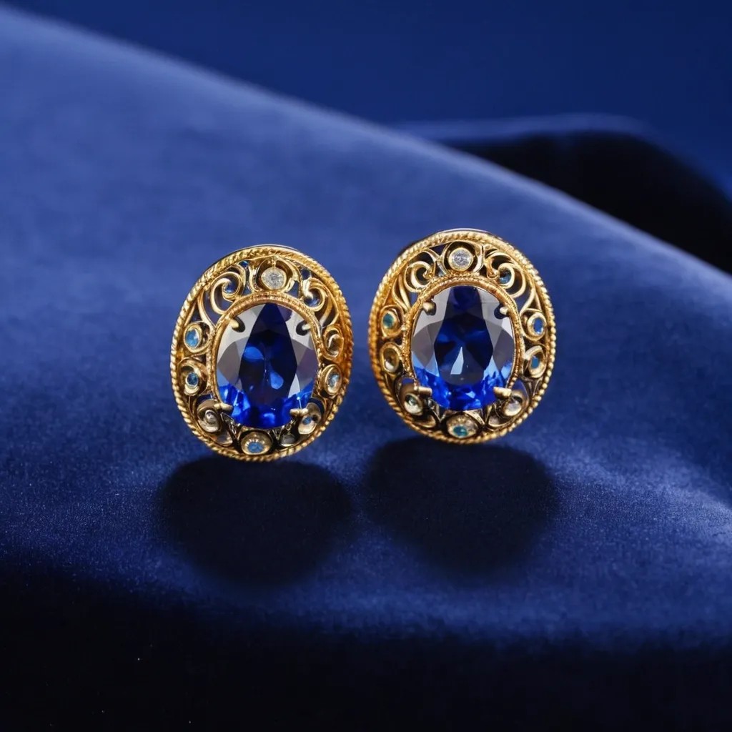 detailed photo of golden earrings with blue gem