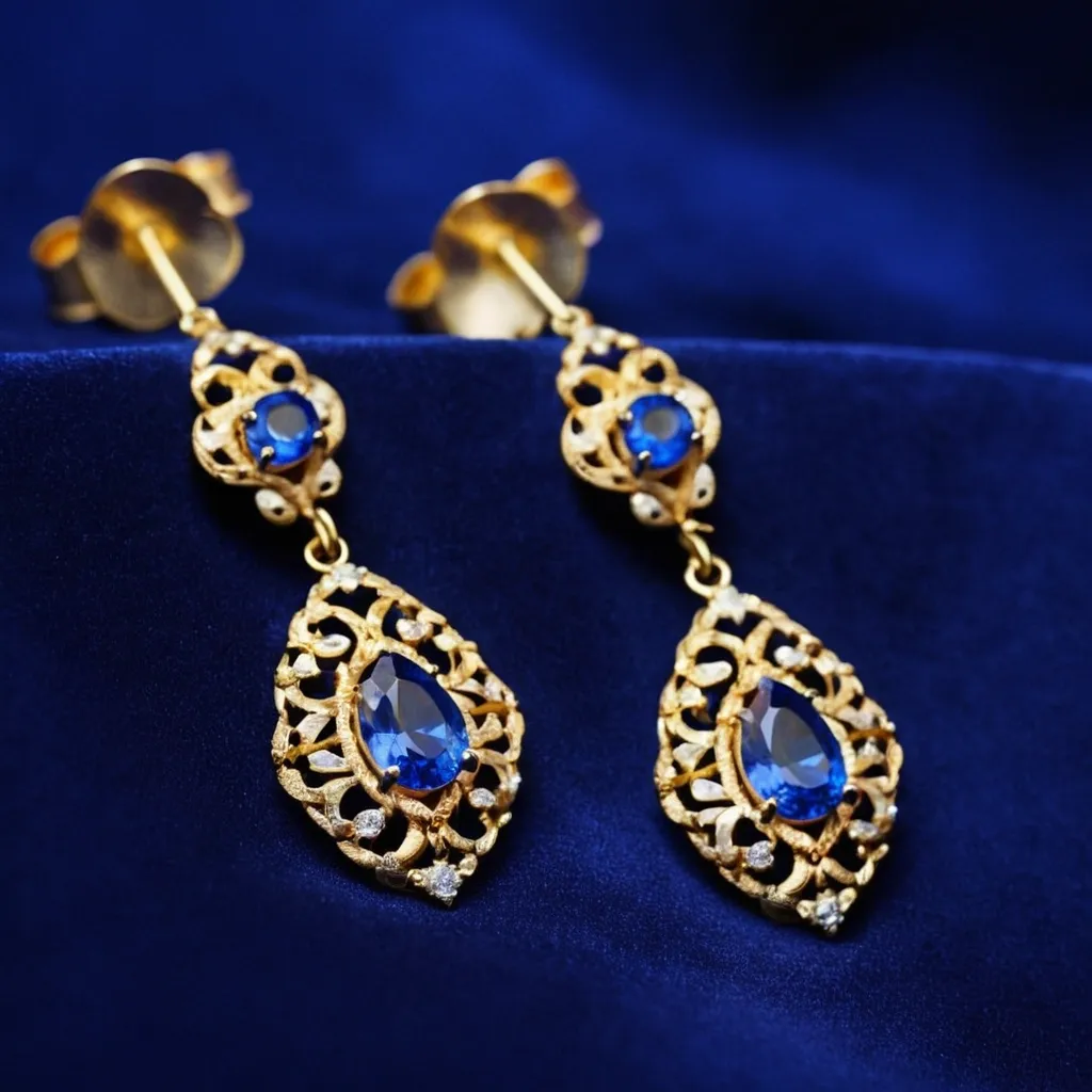 detailed photo of golden earrings with blue gem