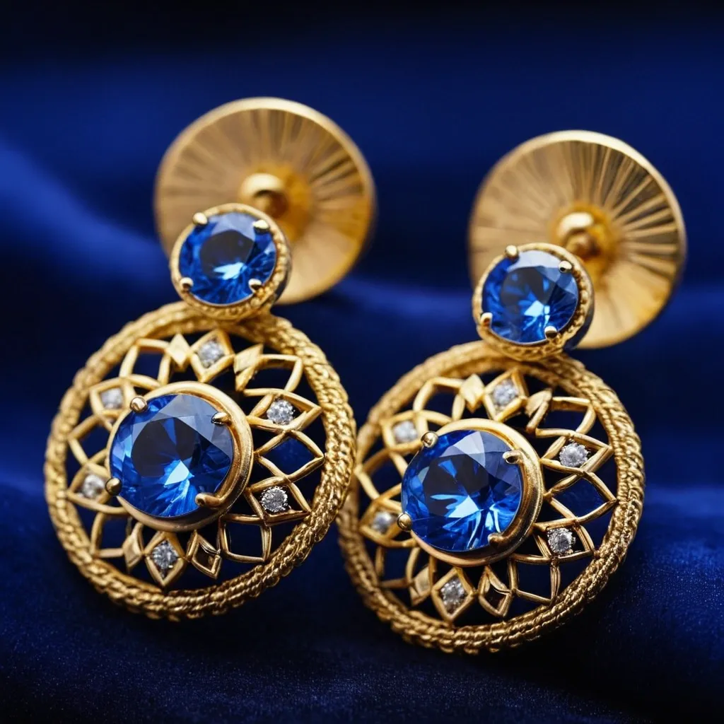 detailed photo of golden earrings with blue gem