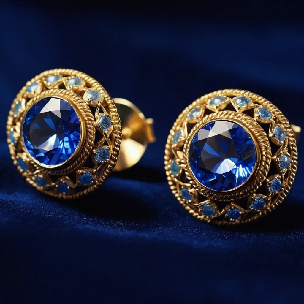 detailed photo of golden earrings with blue gem