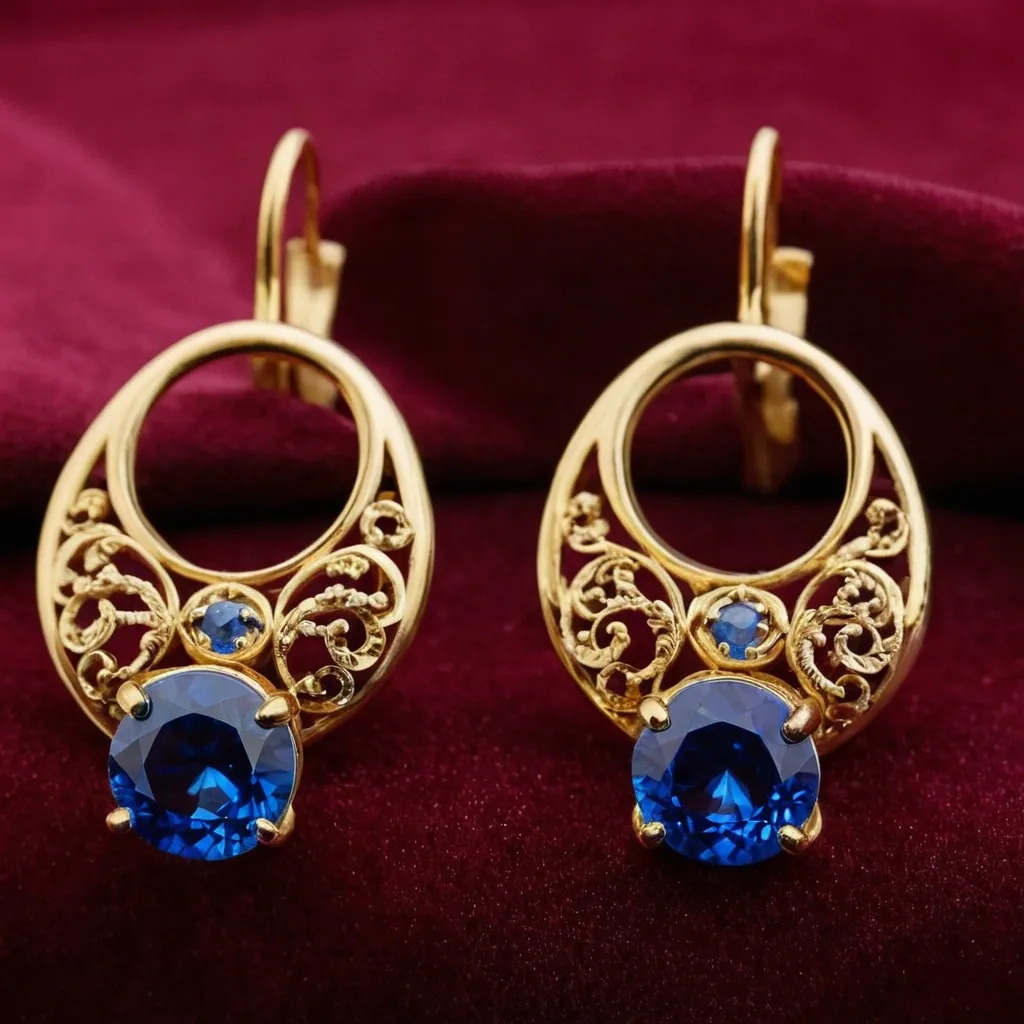 detailed photo of golden earrings with blue gem