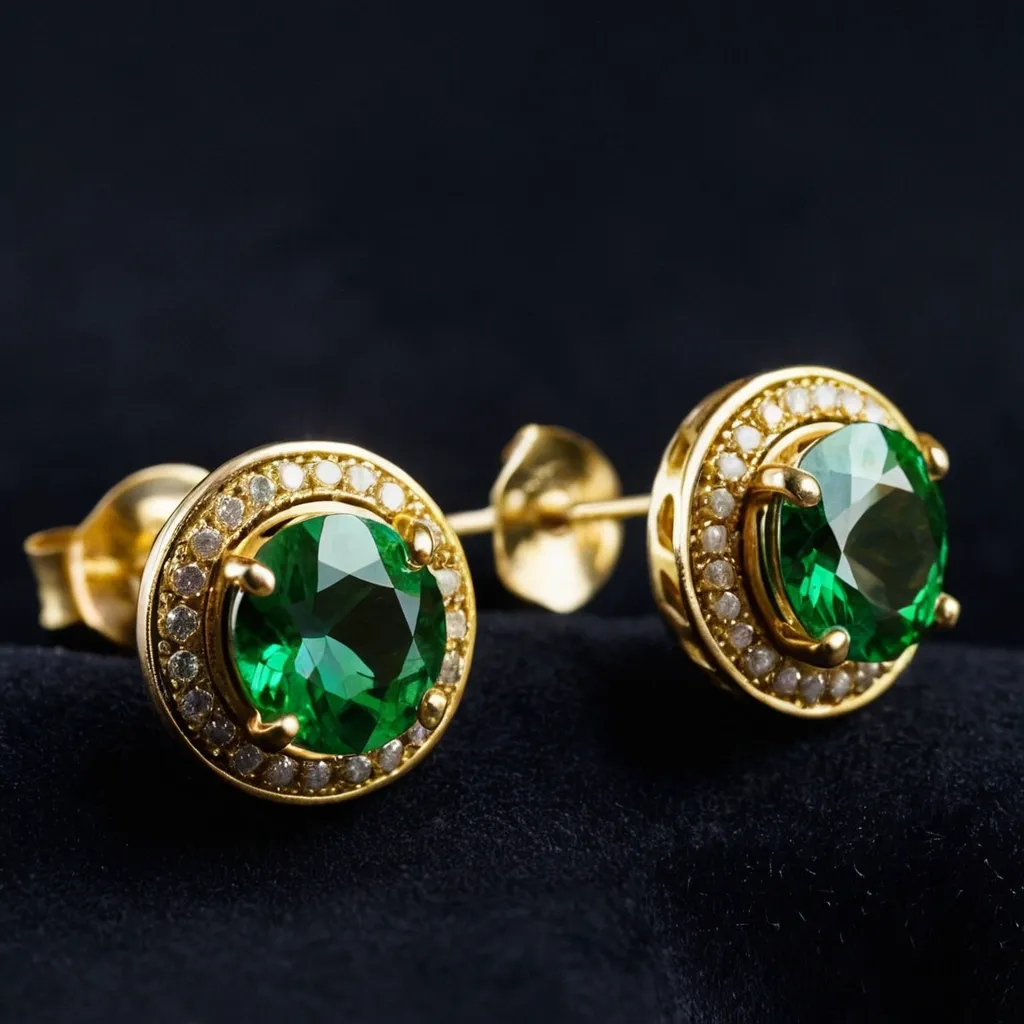 detailed photo of golden earrings with green gem