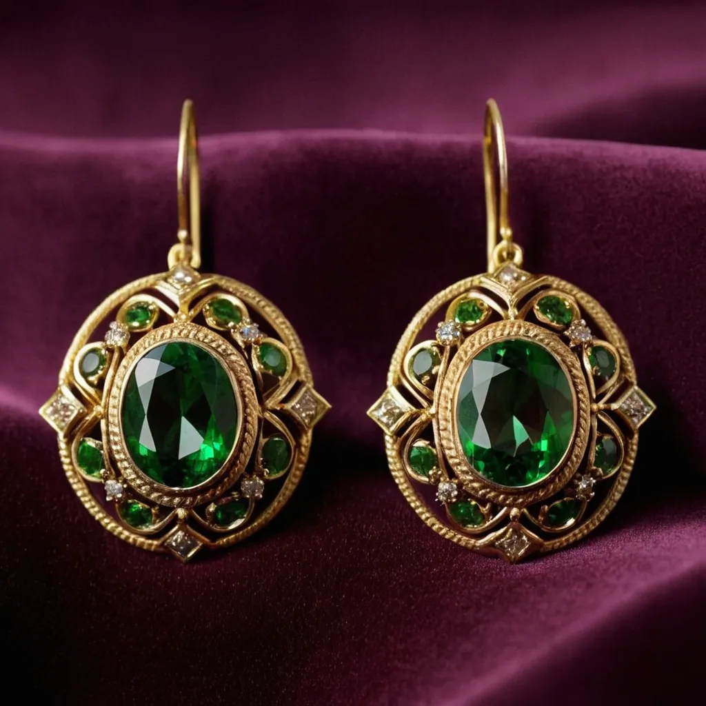 detailed photo of golden earrings with green gem