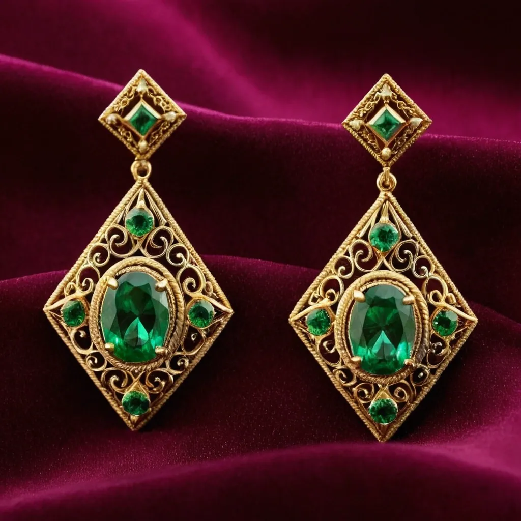 detailed photo of golden earrings with green gem