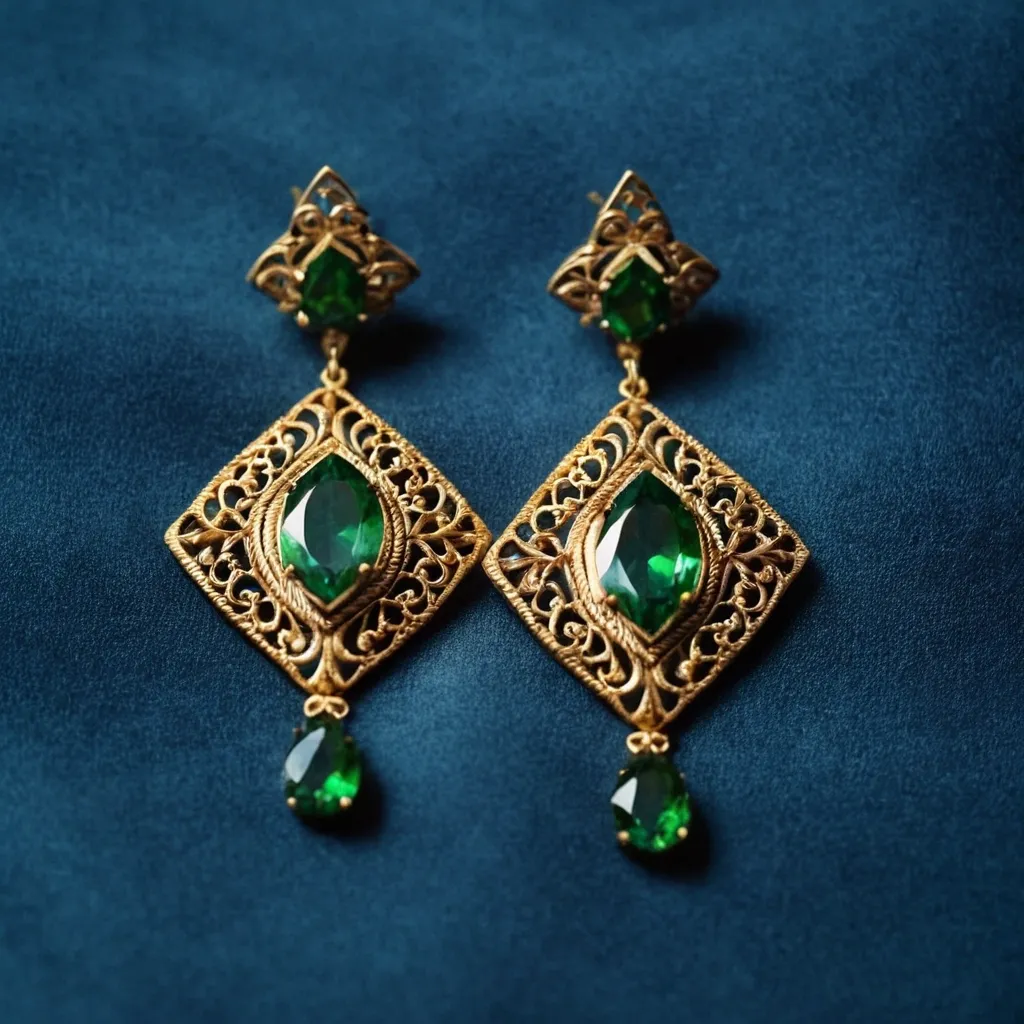 detailed photo of golden earrings with green gem