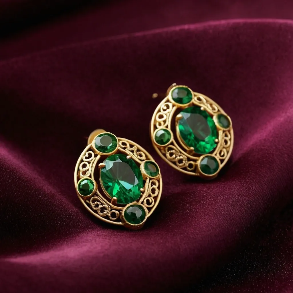detailed photo of golden earrings with green gem