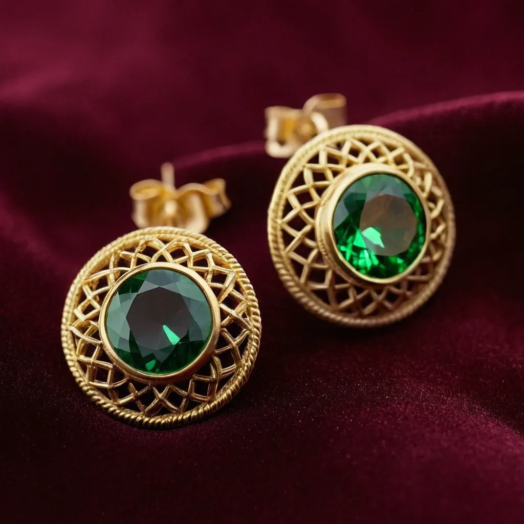 detailed photo of golden earrings with green gem