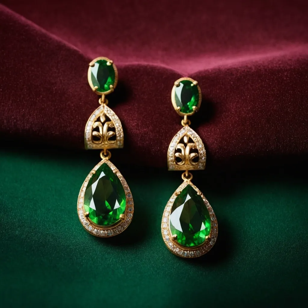 detailed photo of golden earrings with green gem