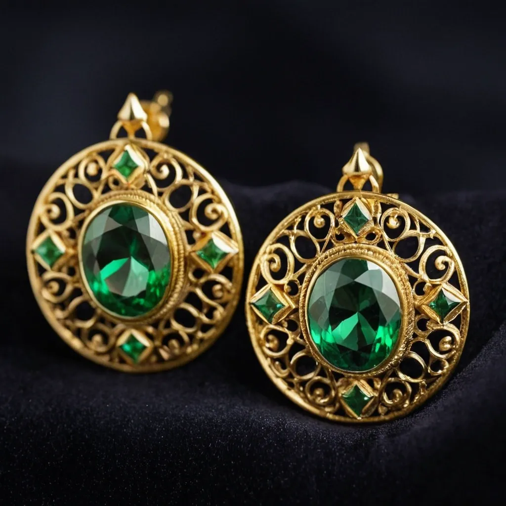 detailed photo of golden earrings with green gem