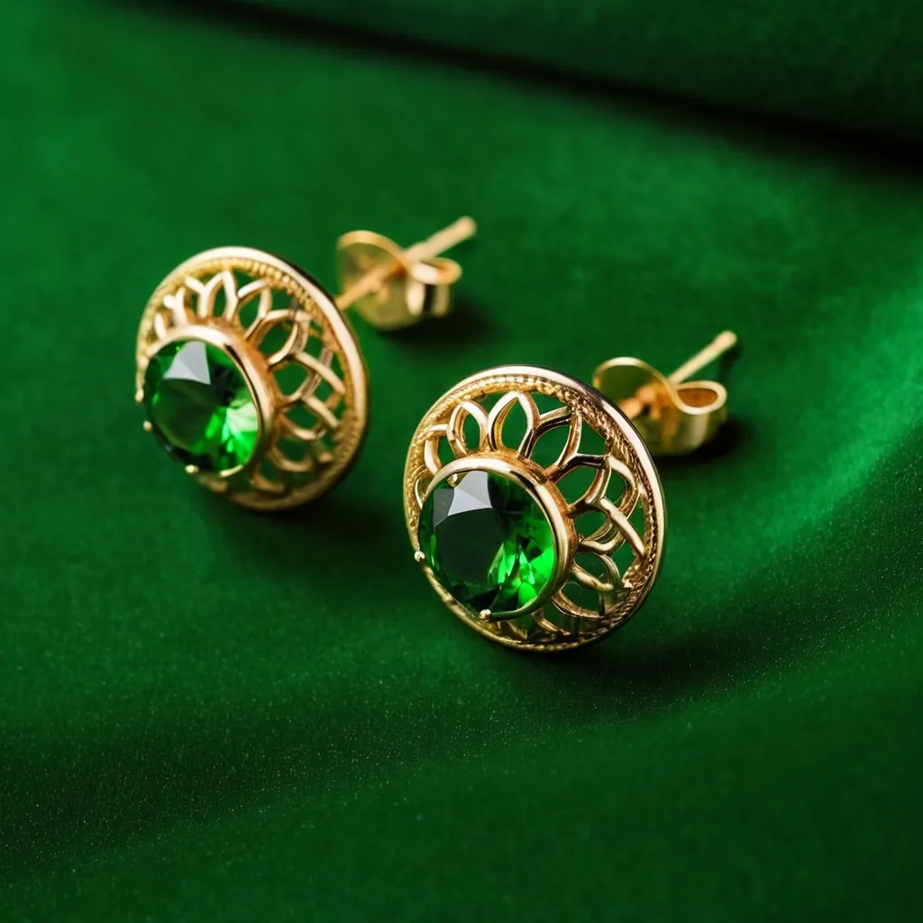 detailed photo of golden earrings with green gem