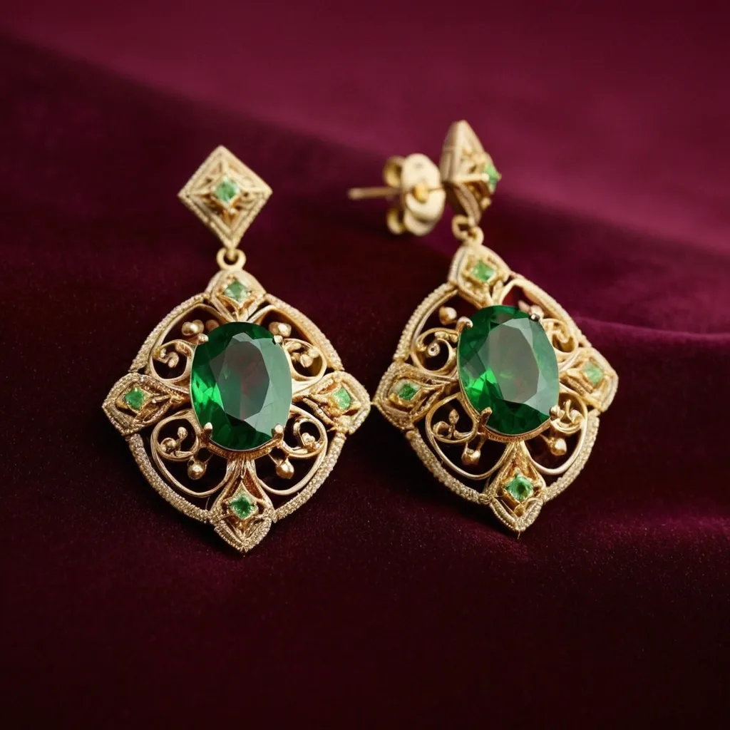 detailed photo of golden earrings with green gem