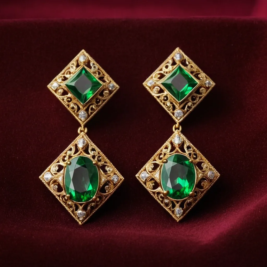 detailed photo of golden earrings with green gem
